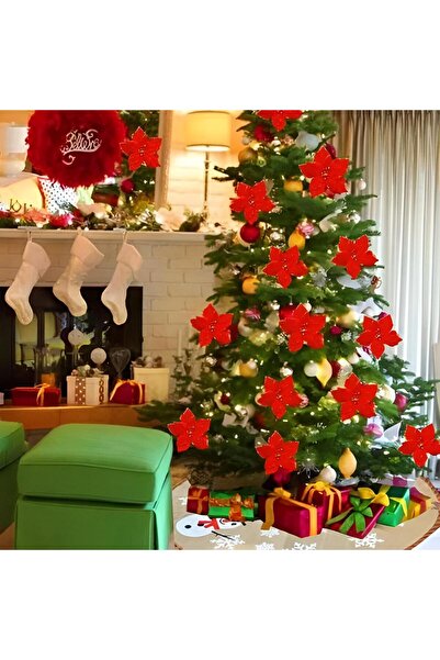 Parti Dükkanım 1 buchet de flori de Crăciun Poinsettia (13 cm) - Floare artificială decorativă cu muguri roșii cu sclipici - unică