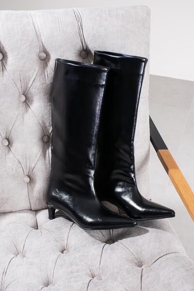 FSKOMBİN Enora Women's Black Wrinkled Leather Short Heeled Boots