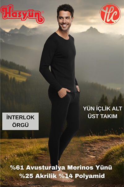 Hasyün Men's Black 61% Wool Sweat-Absorbent Non-Irritating Underwear Long Sleeve Top and Bottom Set