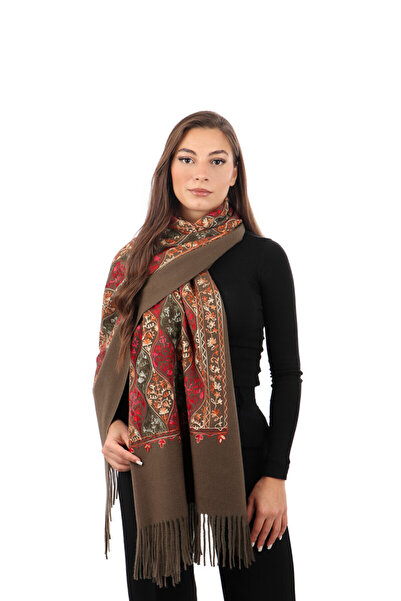 Bursa İpek Brown Embroidered Winter Shawl