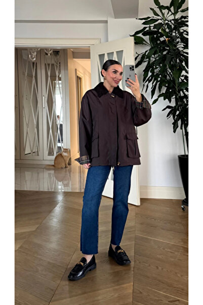 jöns since 1997 Women's Velvet Collar Plaid Detailed Transitional Jacket Coat