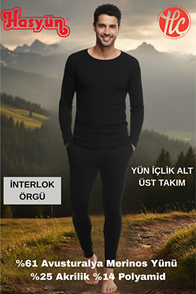 Hasyün Men's Black 61% Wool Sweat-Absorbent Non-Irritating Underwear Long Sleeve Top and Bottom Set