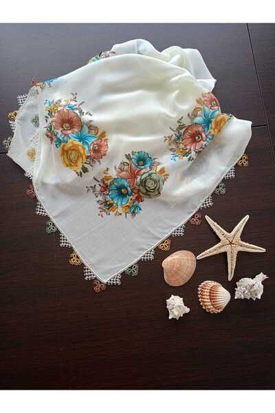 İyisini İstersen Handmade Edge Single Shawl and Needle Embroidery Cream Color Writing Shawl