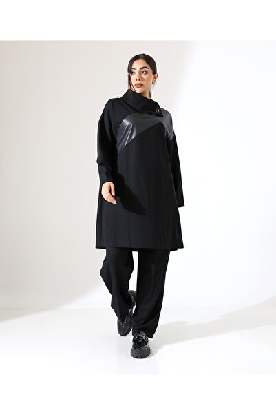 Fi'l Arz Fashion Women's Swallow Collar Leather Detail High Neck Two Piece Set