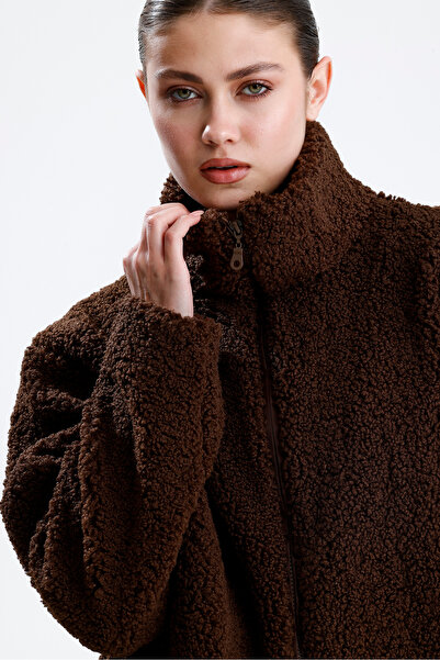 jöns since 1997 Women's Brown Curly Textured Coat with Zipper Pockets