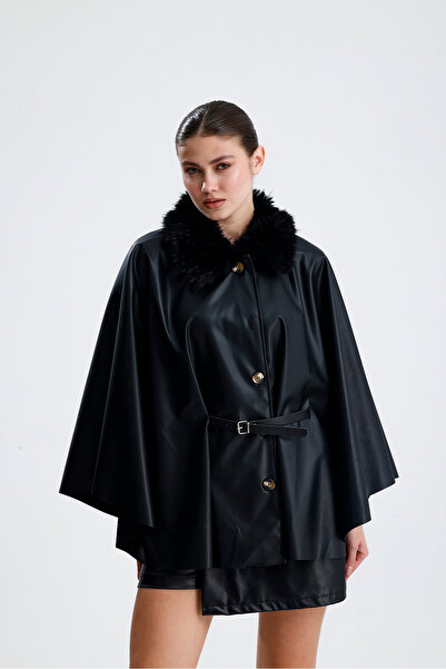 jöns since 1997 Women's Fur Collar Leather Poncho with Belt and Buttons