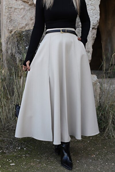 bytugcekaya Beige Slit Flared Skirt