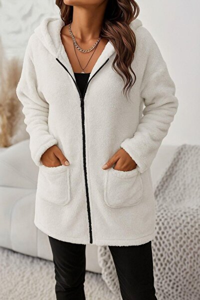 Mossta Hooded Welsoft Jacket with Zippers and Pockets - Ecru