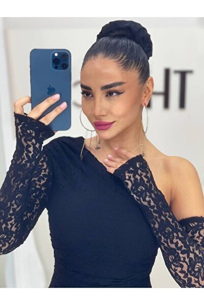 sajarsln Embossed Lace Patterned One Sleeve Detachable Full Stretch Fabric One Shoulder Strapless Maxi Length Dress