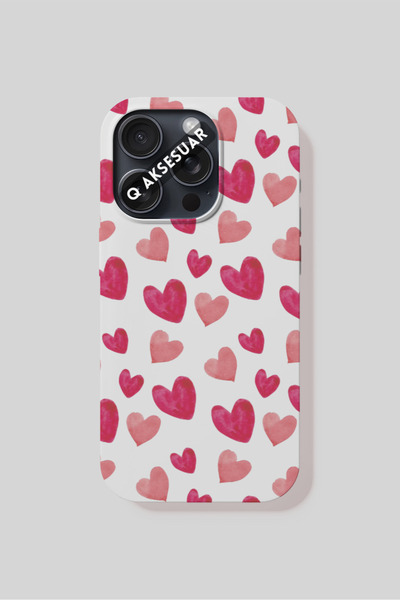 Q Aksesuar iPhone 7 Plus Compatible Pink Hearts Design Phone Case - White