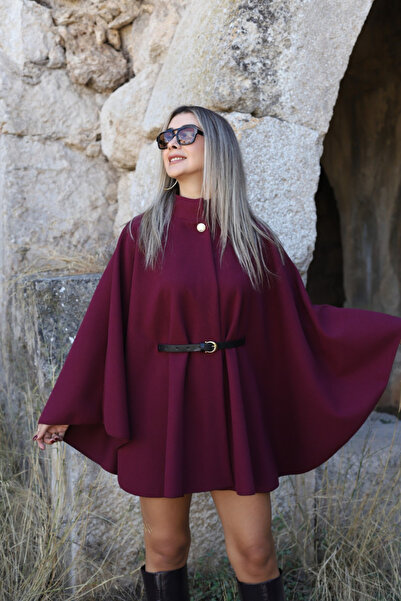 bytugcekaya Burgundy standard size button detailed belted stamp poncho