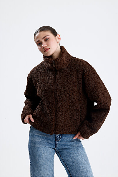 jöns since 1997 Women's Brown Curly Textured Coat with Zipper Pockets