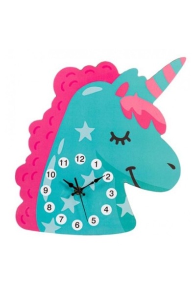 CİPSIR Ceas de perete decorativ cu unicorn, MDF, cuarț, 30x27 cm, albastru-roz