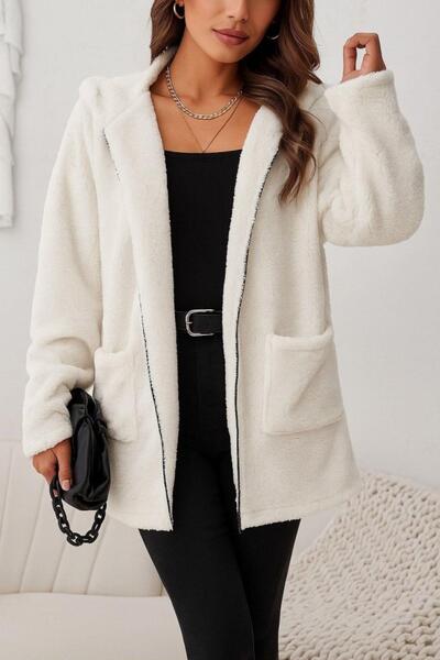 Mossta Hooded Welsoft Jacket with Zippers and Pockets - Ecru