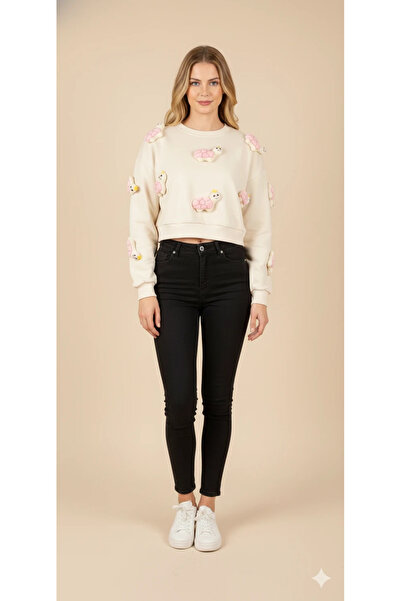 cemo Women's 3D Figured Crop Sweat Embossed Character Patterned Crew Neck Long Sleeve Short Sweat