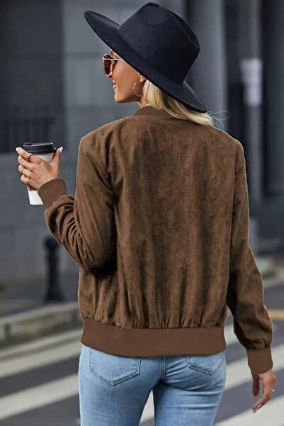 Mossta Long Sleeve Zippered Short Suede Jacket - Tan