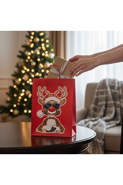 Armada Pachet de 3 pungi cadou din hârtie cu mâner rotund roșu – autocolant d...