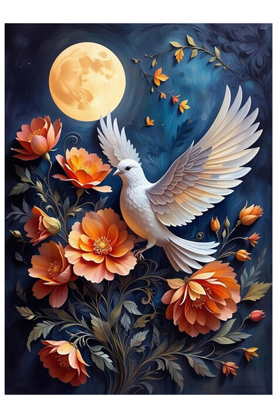 Bedeko Beyaz Güvercin Ve Çiçekler Mdf Ahşap Tablo