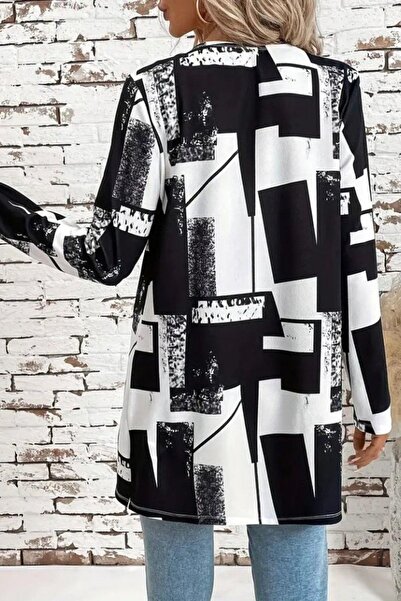 Mossta Open Front Long Sleeve Patterned Modal Jacket - Black