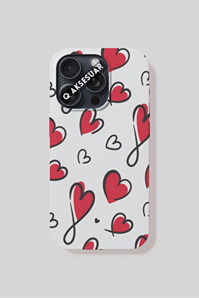 Q Aksesuar حافظة هاتف بتصميم قلوب حمراء متوافقة مع هاتف آيفون XR - أبيض