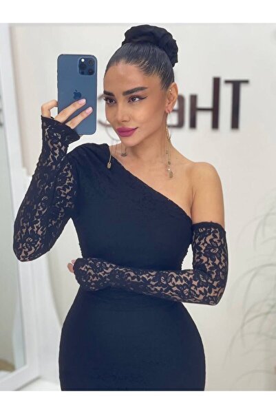 sajarsln Embossed Lace Patterned One Sleeve Detachable Full Stretch Fabric One Shoulder Strapless Maxi Length Dress