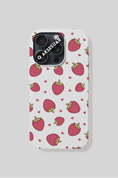 Q Aksesuar حافظة هاتف متوافقة مع آيفون 16 بلس بتصميم الفراولة - أبيض