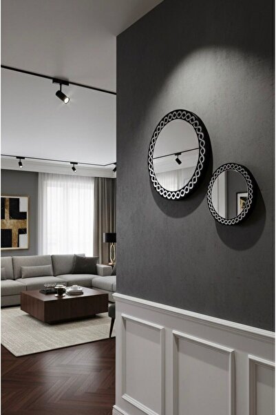 Nera Tasarım Gümüş Desenli Ahşap Yuvarlak Duvar Aynası - Dekoratif Silver Duv...