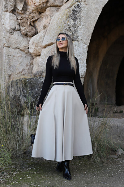 bytugcekaya Beige Slit Flared Skirt