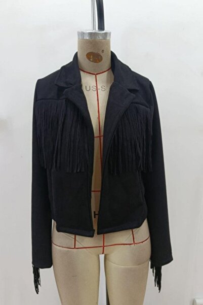 Mossta Jachetă crop din piele intoarsa cu detaliu cu ciucuri - Negru