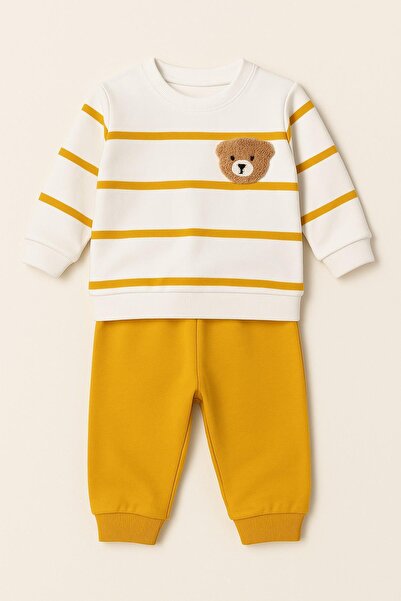 dinamik çocuk Striped Punch Teddy Bear Baby Set with Snap Fasteners on the Shoulder, 2-Piece Bottom and Top, Transitional Months, 3-6-9-12 Months