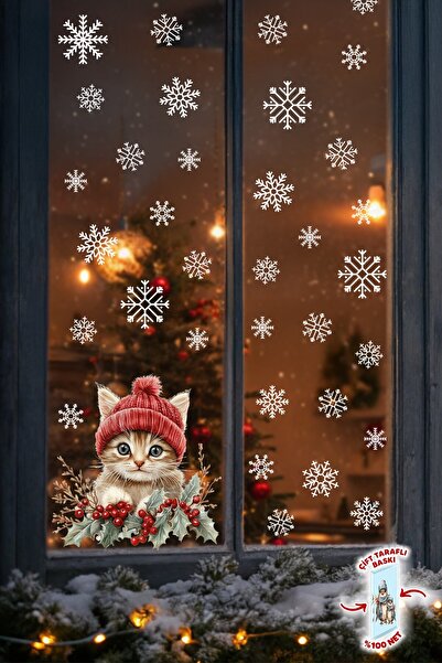 MSticker Cute Cat & Snowflakes Glass Ornament – Double-Sided Printing 100% Clear View – Cat Waiting for New Year