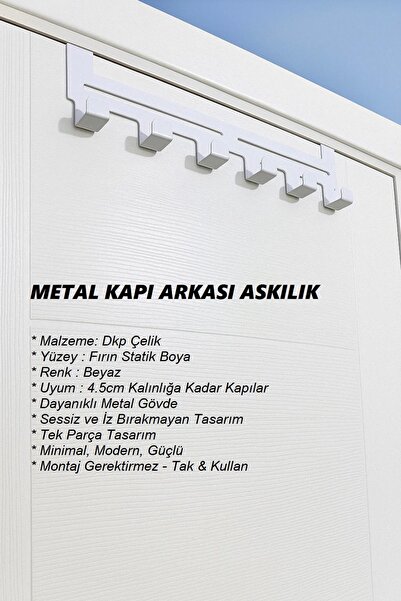 CAVARA Metal Beyaz Amerikan Kapı Arkası Askılık–Kapı Üstü Askılık, Mutfak Ban...
