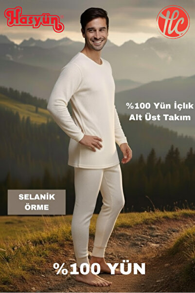 Hasyün Men's 100% Wool Sweat-Absorbent Non-Irritating Underwear Long Sleeve Bottom Top Set