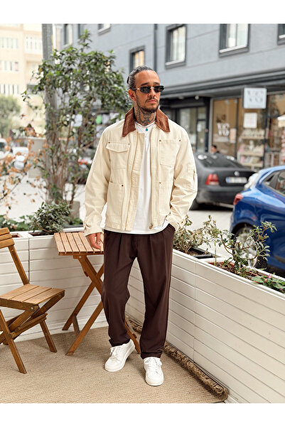 manch collection Κρέμα βελούδινου παλτό με λεπτομέρεια τσέπης διπλού χρώματος