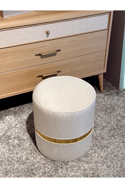 CREARTHOME Dekoratif Gold Detaylı Puf Tabure Makyaj Masası Pufu Bench Krem