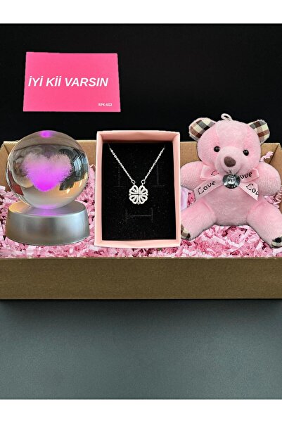 Sepetten Eve Kutulu Ayıcıklı Renk Değiştiren Led Işıklı Cam Kalp Kız Küre Açılan Yonca Kolye Sevgiliye Hediye