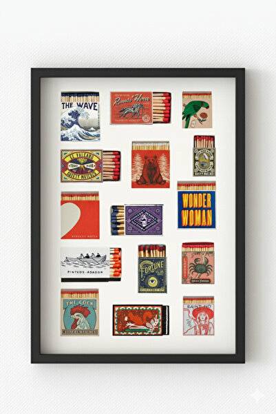 MIOVI Siyah Ahşap Çerçeveli Kibrit Kutu Koleksiyonu Poster – Retro Pop Art Du...
