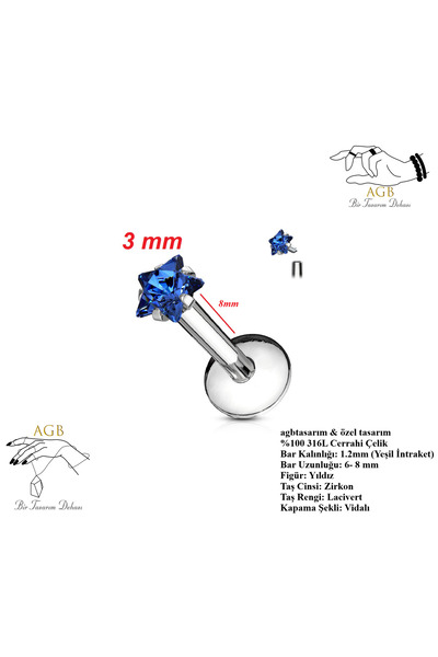 agbtasarım dudak, Burun, Kıkırdak, "medusa", "labret", Zirkon Yıldız Taşlı Pi...