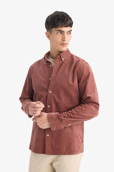 DeFacto Regular Fit Polo Neck Corded Fabric Velvet Long Sleeve Brown Men's Shirt E9024Ax/Bn152