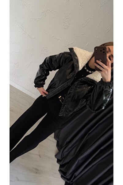 elif teke Collar Plush Leather Jacket Black