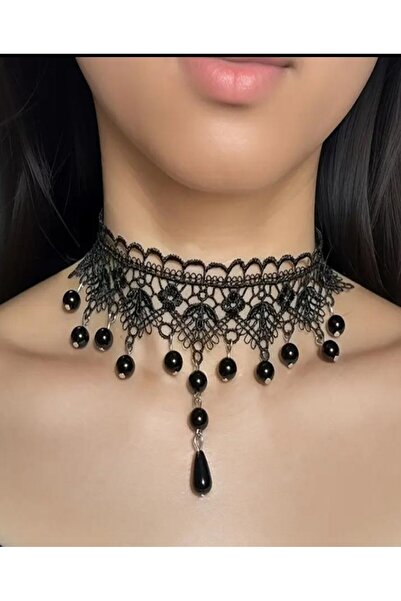 KANERUZ Gotik Siyah Dantel Gerdanlık Kolye İle Sallanan İnciler