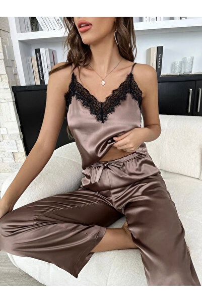 sempathy Kadın saten yakası fransız dantel detaylı 2 li pijama takımı