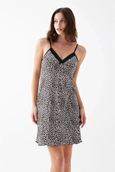 Beruflic Women's Brown Leopard Print Lace Detailed String Strap Nightgown