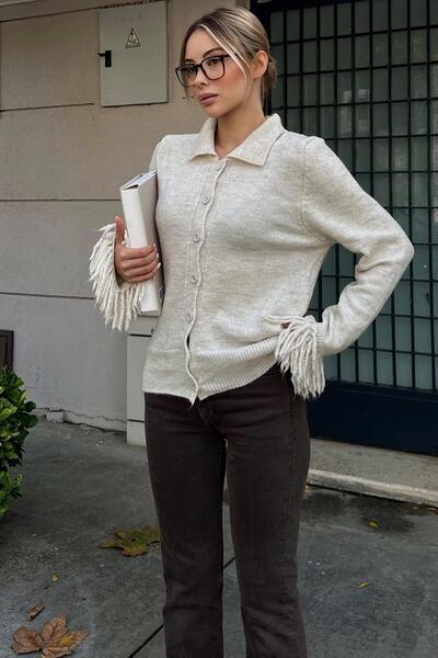 Swist Beige Sleeve Tassel Detail Polo Neck Women's Knitwear Cardigan