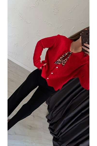 elif teke Leoo Scarf Detailed Buttoned Knitwear Cardigan Red