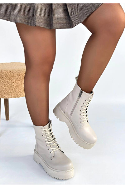 KAZAX Jonni Beige Leather Lace-Up Boots