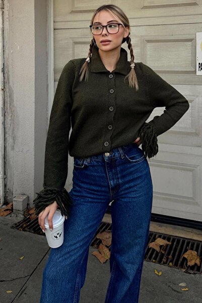 Swist Khaki Sleeve Tassel Detail Polo Neck Women's Knitwear Cardigan