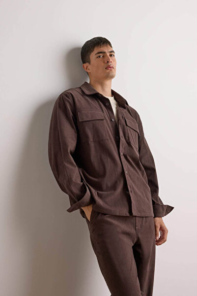 DeFacto Cămașă pentru bărbați, cu mânecă lungă, din catifea, cu croială obișnuită, material reiat F1619AX/BN337