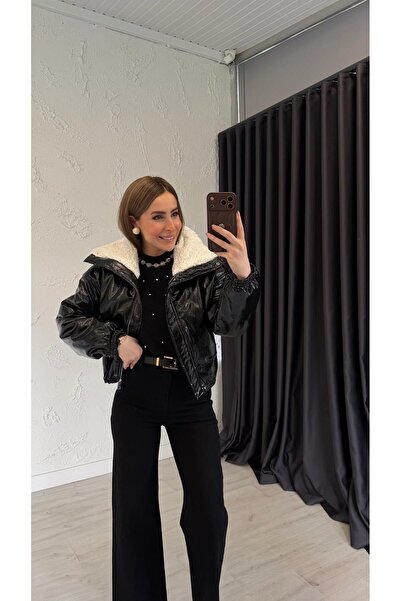 elif teke Collar Plush Leather Jacket Black