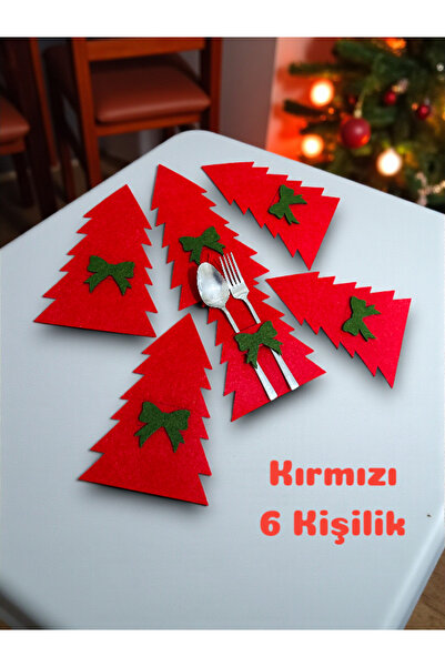 Karter İnovasyon Yılbaşı Desenli Kurdeleli Çatal Bıçaklık,Yılbaşı Dekoru,Yılbaşı Süsü 6 Kişilik